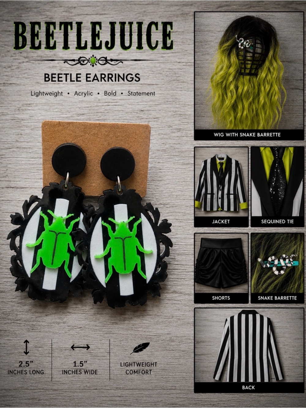 Beetlejuice Costume Bundle 6-Piece Halloween Cosplay Outfit Complete Set - Picture 10 of 13
